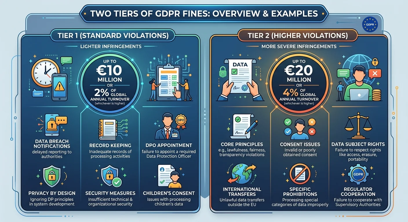 GDPR two-tier fine structure infographic showing tier one and tier two penalties