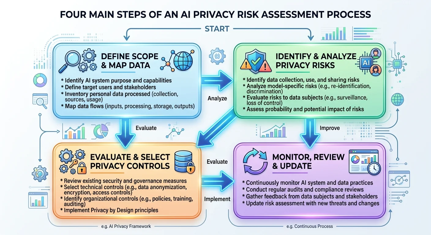 alt: Privacy risk assessment workflow for AI systems showing data mapping, risk assessment, DPIA audit, and monitoring phases