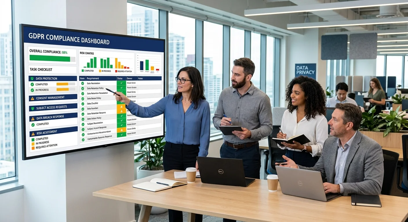 GDPR compliance checklist dashboard being reviewed by privacy team